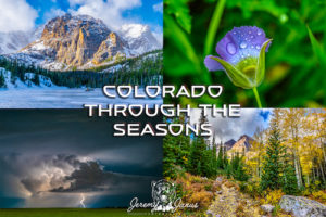 Book cover, Colorado through the seasons showing mountain scenes