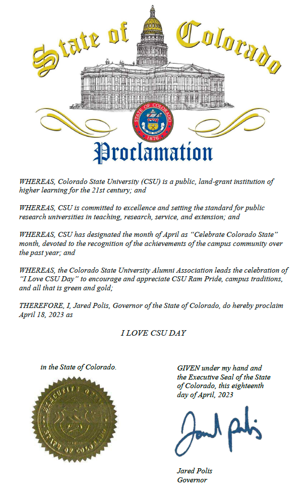 A proclamation from Governor Jared Polis stating April 18 is I Love CSU Day. 