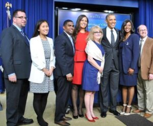 In November 2013, Bud Hunt (far left) was one of ten people honored at a White House event named "Champions of Change: Connected Educators" for his thoughtful application of technology in classrooms throughout the St. Vrain Valley School District. The occasion included a photo op with then-President Barack Obama (third from right).