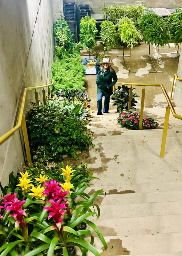 Kristi Pohly stands in a stairwell surrounded by plants and flowers for the National Western Stock Show. 