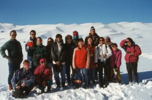 CSU international students at snow-covered Sand Dunes with Bob and Nancy Sturtevant